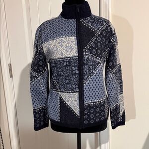 Talbots Blue and Cream Patchwork Merino Wool  Sweater